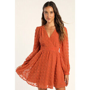 Lulus Always On Repeat Rust Orange Clip Dot Long Sleeve Mini Dress - Size M